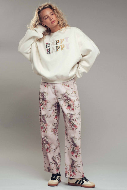 Floral Watercolor Barrel Jeans