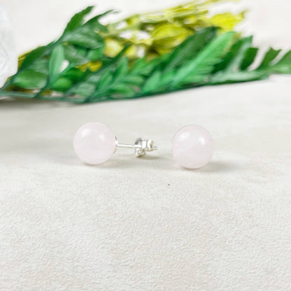Ewelina Pas Jewelry - Silver 8mm Rose Quartz Orb Stud Earrings