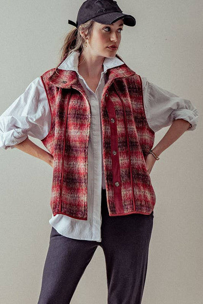 VINTAGE PLAID OVERSIZED WOOL VEST: RUST/TAUPE / S-2/M-2/L-2