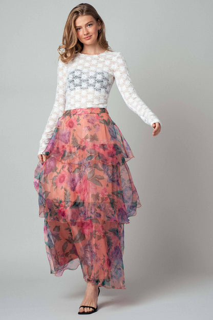 Sheer Floral Print Tiered Organza Maxi Skirt