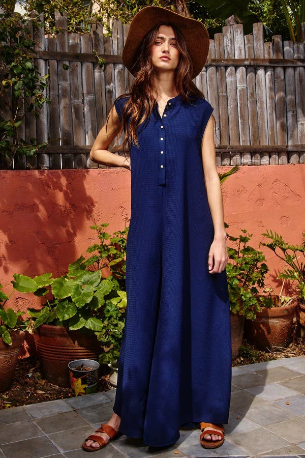 BUCKETLIST - R5120-1M -Button Up Wide Leg Solid Woven Waffle Jumpsuit: S-M-L (2-2-2) / BABY PINK