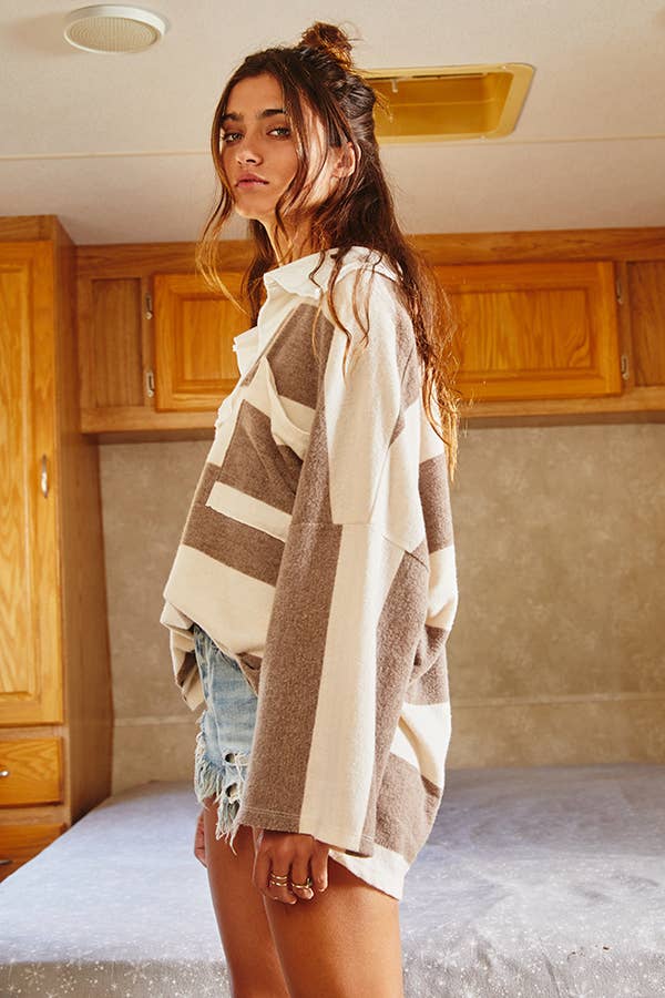 BUCKETLIST - T1211 Soft Brush Striped Big Collared Pullover Sweatshirt: S-M-L (2-2-2) / DENIM/CREAM