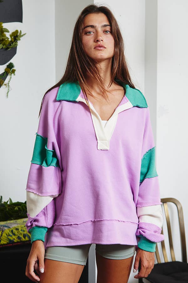 BUCKETLIST - T2004E French Terry Color-block Collared Loose Fit Top: YELLOW/BABYBLUE / S-M-L (2-2-2)
