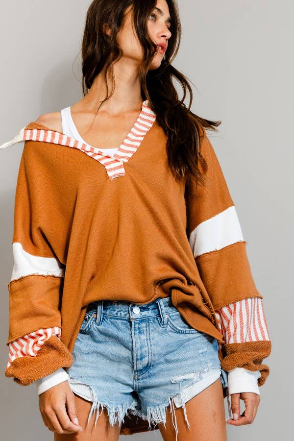 BUCKETLIST - T2004 -French Terry Knit Color-block Collared Loose Fit Top: S-M-L (2-2-2) / IVORY/PINK