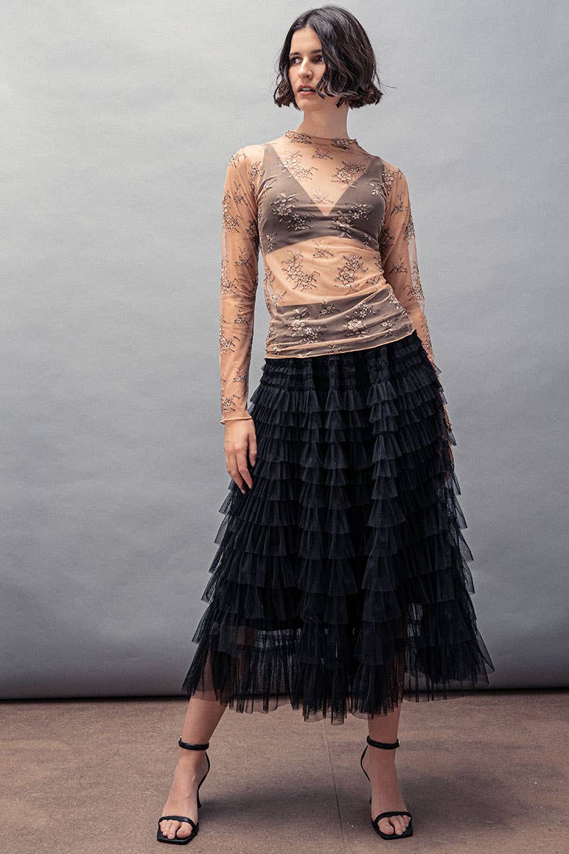 Urban Daizy - Tiered Tulle Midi Skirt with Romantic Ruffles
