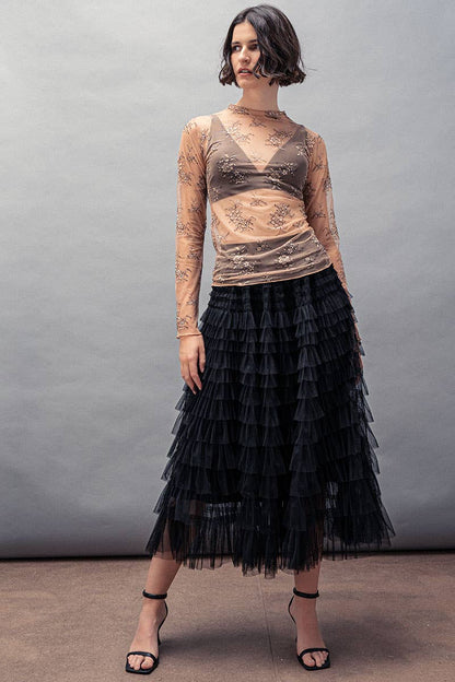 Urban Daizy - Tiered Tulle Midi Skirt with Romantic Ruffles