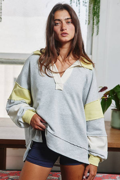 BUCKETLIST - T2004E French Terry Color-block Collared Loose Fit Top: YELLOW/BABYBLUE / S-M-L (2-2-2)