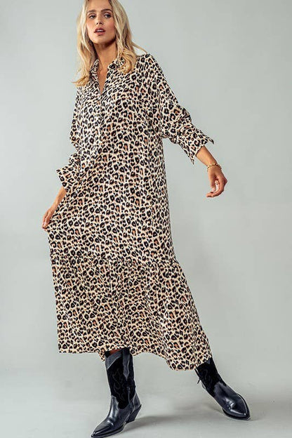 Urban Daizy - LEOPARD PRINT RUFFLE HEM BUTTON MAXI DRESS: LEOPARD / S-2/M-2/L-2