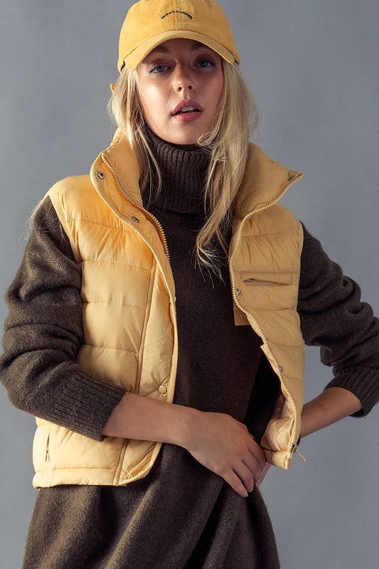 Urban Daizy - STRIPE QUILTED STAND COLLAR PADDED VEST JACKET : YELLOW STONE / S-2/M-2/L-2