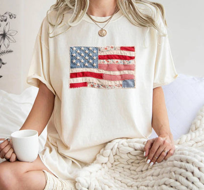 Rosa Clothing - American Flag Faux Texture Patchwork Print T-Shirt