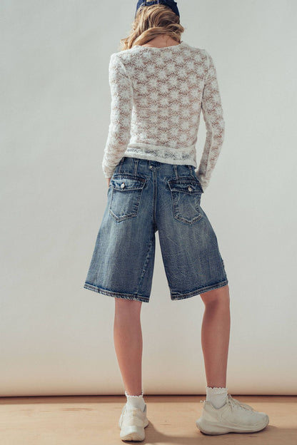 Urban Daizy - Wide-Leg Utility Denim Bermuda Shorts