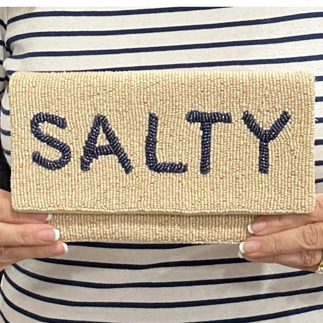 NAVY JANE - Cream Beaded Clutch with Navy "SALTY" – Coastal Chic