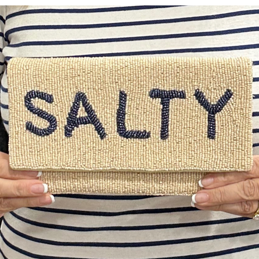 NAVY JANE - Cream Beaded Clutch with Navy "SALTY" – Coastal Chic