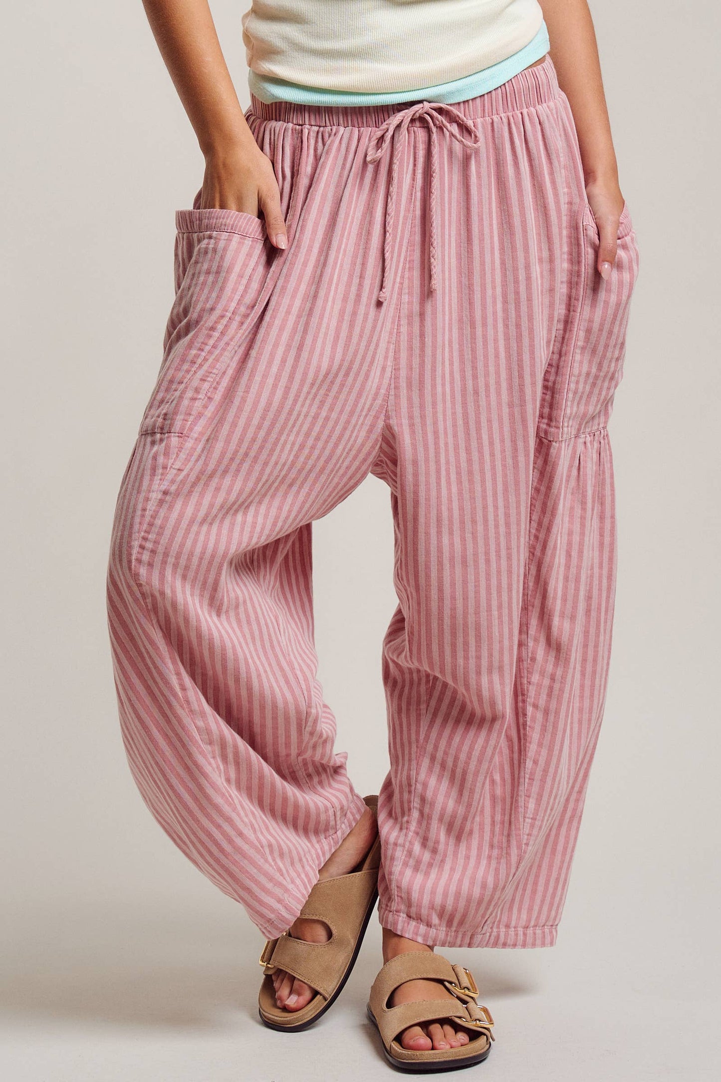 Urban Daizy - Striped Cotton Drawstring Harem Pants