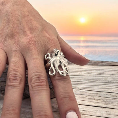 Big Blue by Roland St John - Octopus Ring Sterling Silver Adjustable Octopus Ring Sea Life Ring Scuba Diving Jewelry Gifts For Octopus Lovers