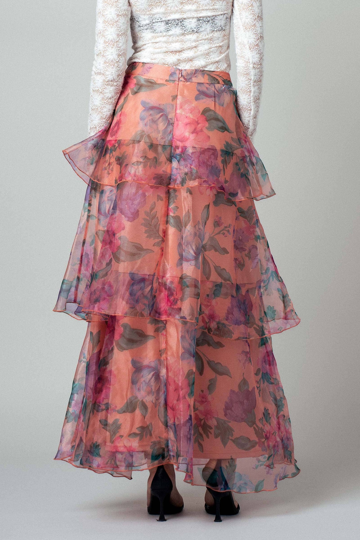Sheer Floral Print Tiered Organza Maxi Skirt