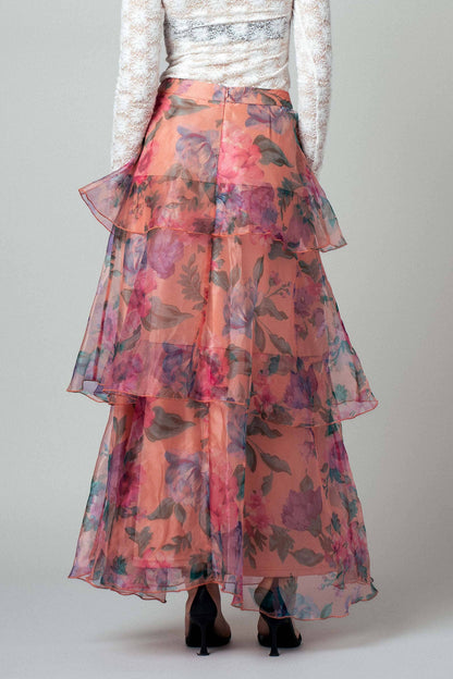 Sheer Floral Print Tiered Organza Maxi Skirt