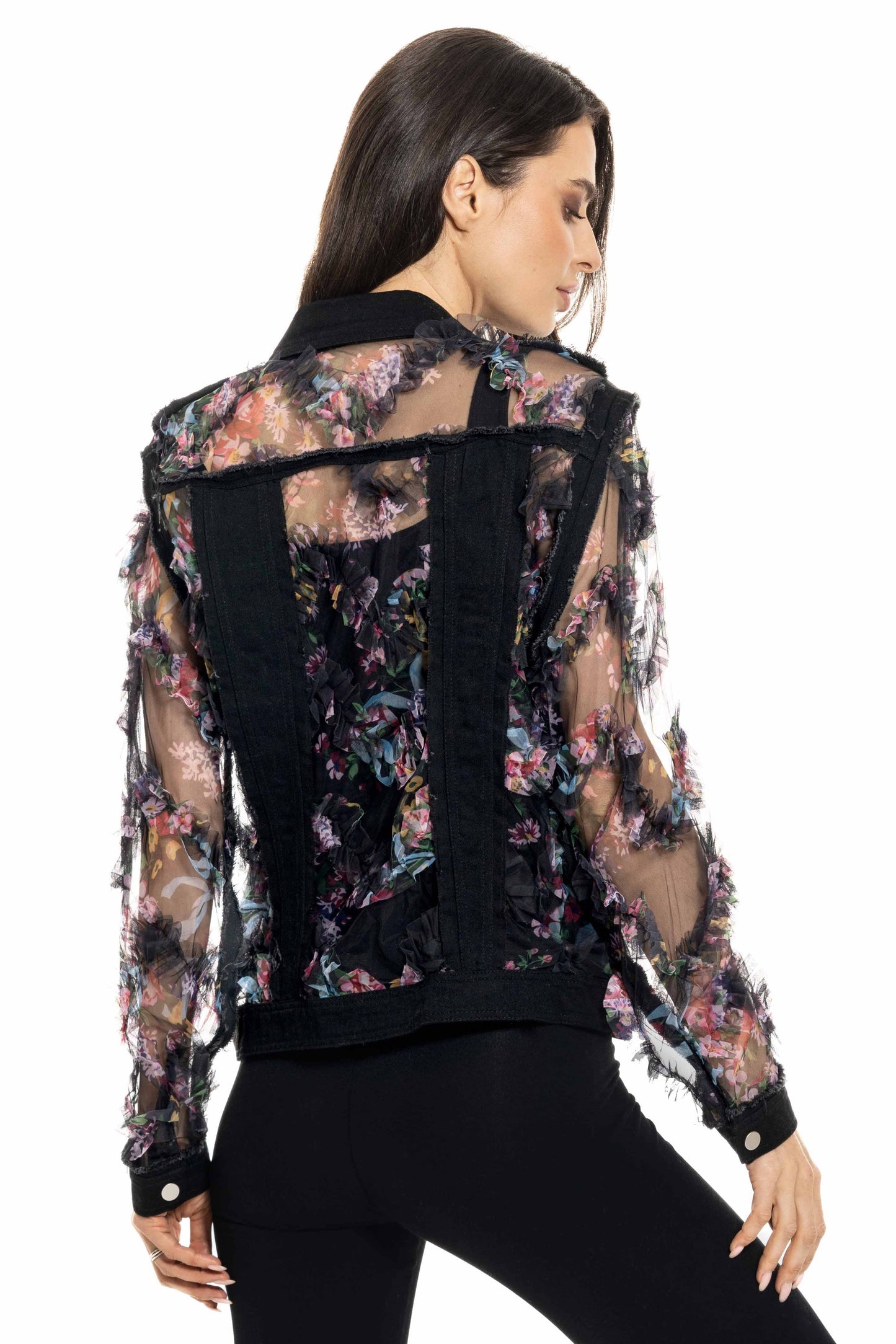 Adore - BA-29 - Denim and Mesh Floral Jacket