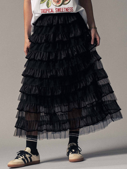 Urban Daizy - Clear Tulle Layered Ruffle Maxi Skirt