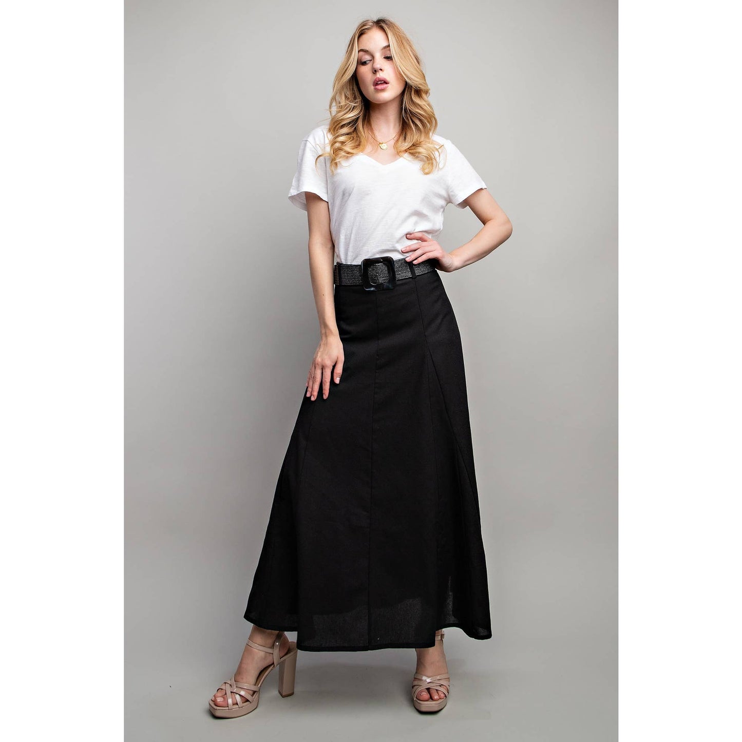 Sweet Generis - LINEN MAXI FLARE SKIRT with TRIM BELT