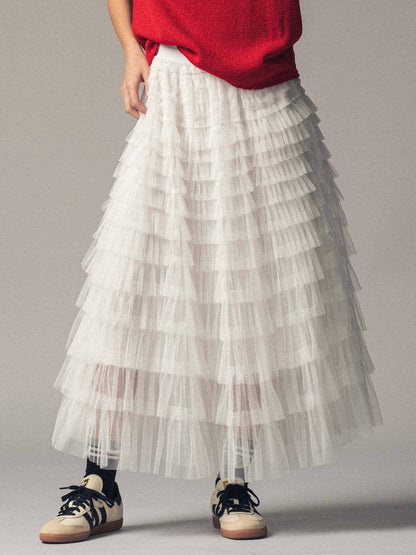 Urban Daizy - Tiered Tulle Midi Skirt with Romantic Ruffles