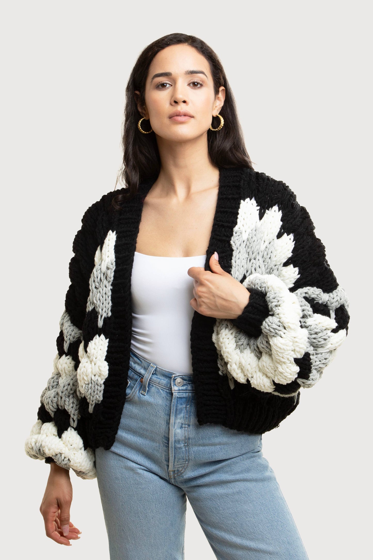 SAACHI - Camila Cropped Knitted Cardigan: Black & White