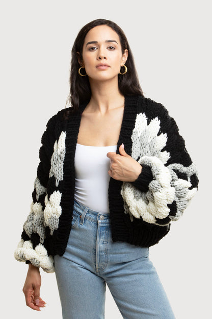 SAACHI - Camila Cropped Knitted Cardigan: Black & White