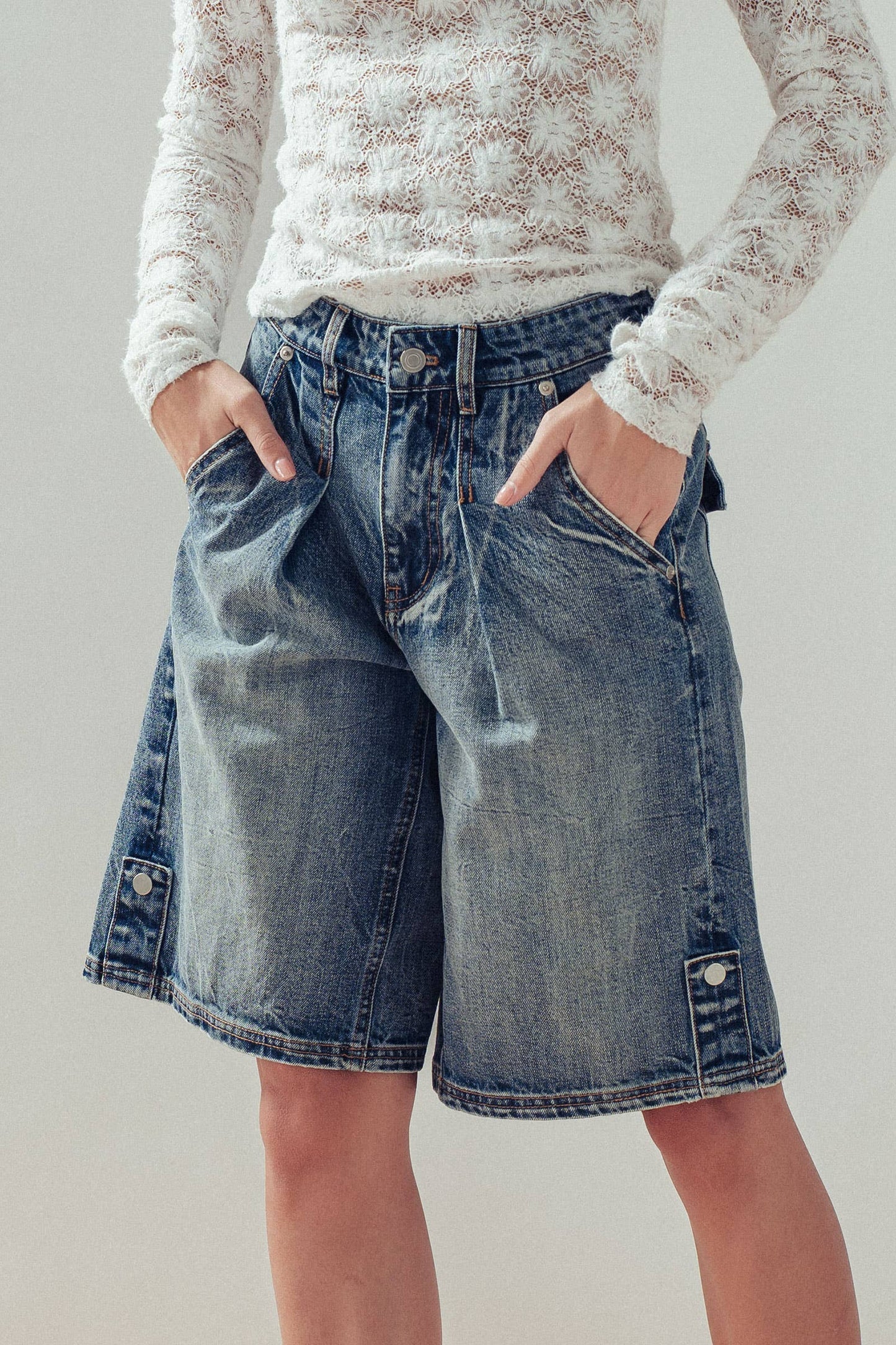 Urban Daizy - Wide-Leg Utility Denim Bermuda Shorts