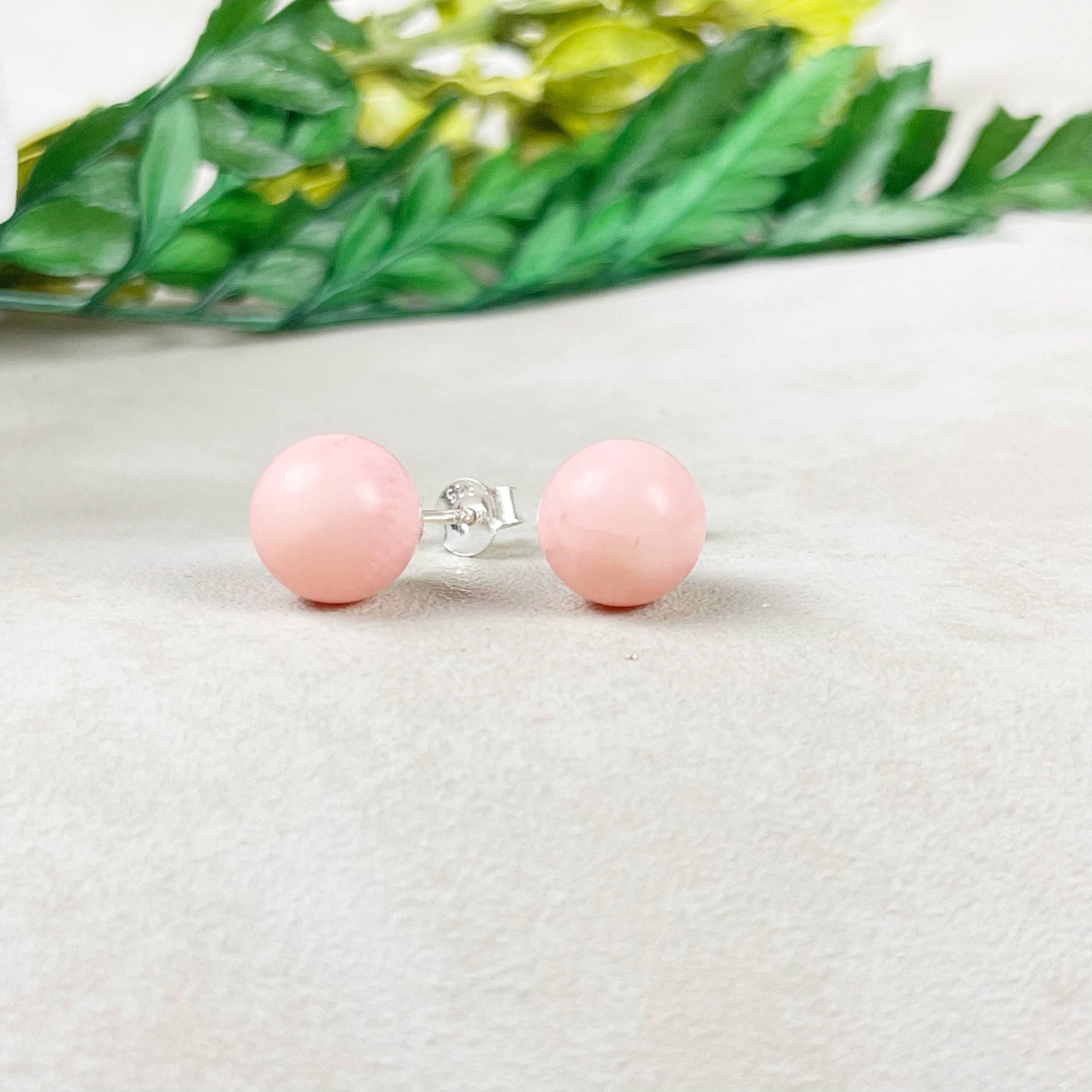 Ewelina Pas Jewelry - Silver 8mm Pink Coral Orb Stud Earrings