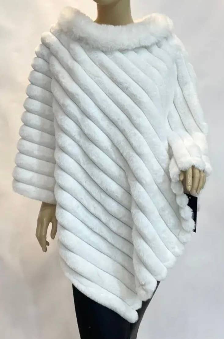 LOOWIE - 068 Luxurious Green Faux Fur Ribbed Poncho with Plush Collar: Taupe