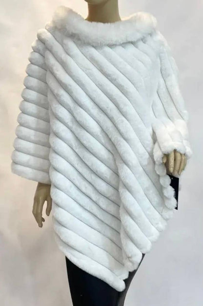 LOOWIE - 068 Luxurious Green Faux Fur Ribbed Poncho with Plush Collar: Navy