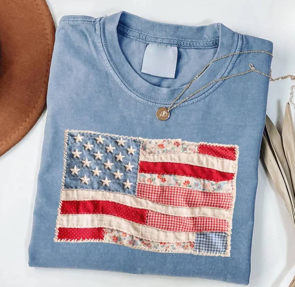 Rosa Clothing - American Flag Faux Texture Patchwork Print T-Shirt