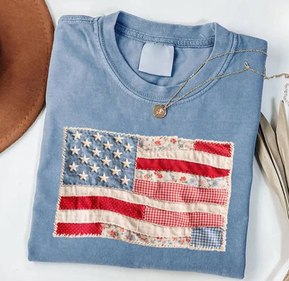 Rosa Clothing - American Flag Faux Texture Patchwork Print T-Shirt
