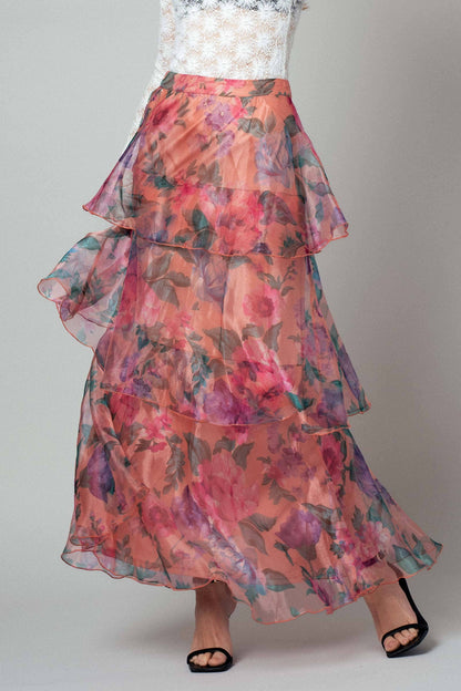 Sheer Floral Print Tiered Organza Maxi Skirt