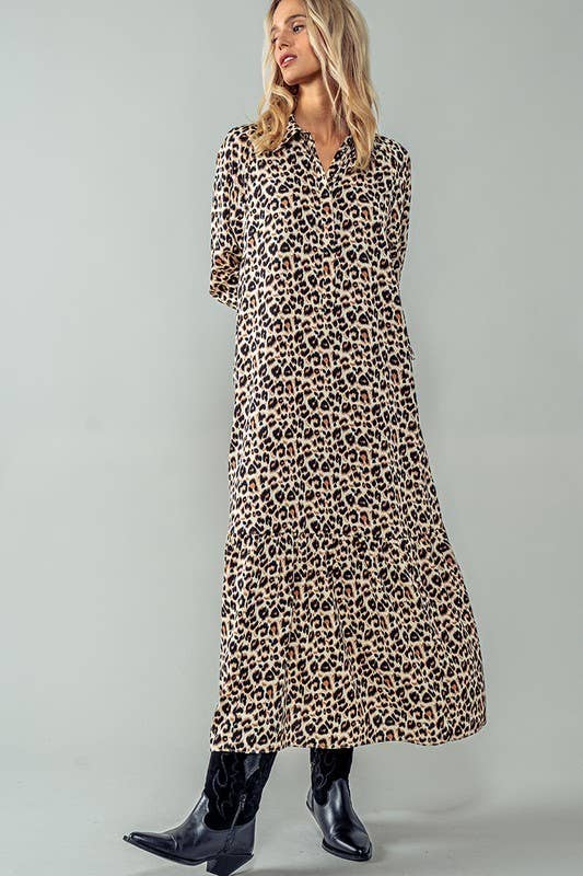 Urban Daizy - LEOPARD PRINT RUFFLE HEM BUTTON MAXI DRESS: LEOPARD / S-2/M-2/L-2