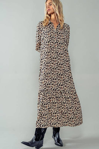Urban Daizy - LEOPARD PRINT RUFFLE HEM BUTTON MAXI DRESS: LEOPARD / S-2/M-2/L-2