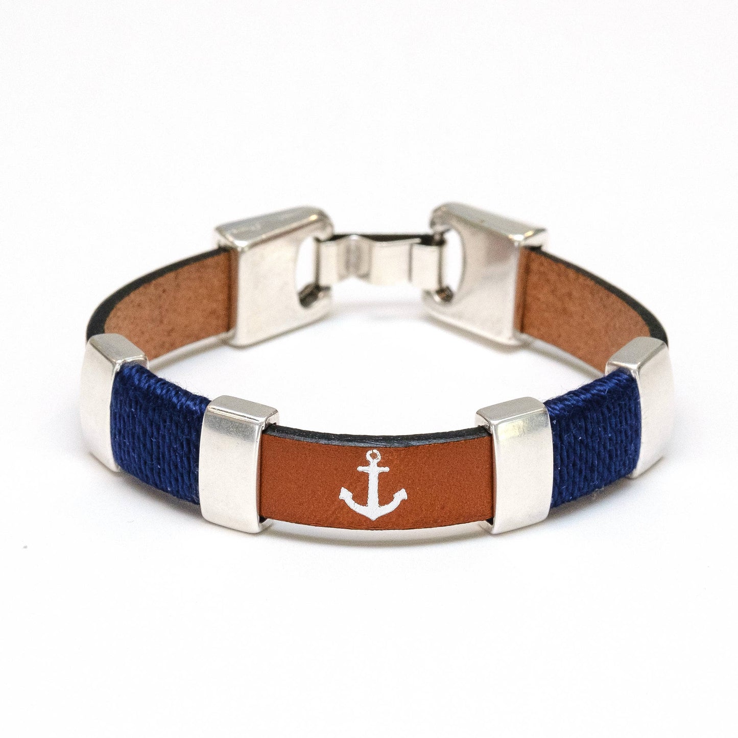 Allison Cole Jewelry - Chatham - Mahogany/Navy/Silver - Leather Anchor Bracelet: L