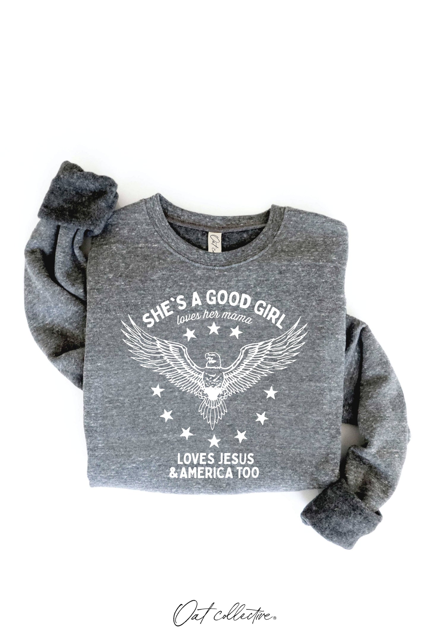 OAT COLLECTIVE - SHE'S A GOOD GIRL Graphic Sweatshirt - Pullover Style: DARK H. SAGE / XL