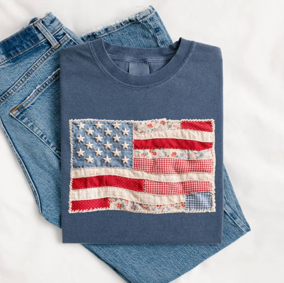 Rosa Clothing - American Flag Faux Texture Patchwork Print T-Shirt
