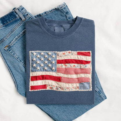 Rosa Clothing - American Flag Faux Texture Patchwork Print T-Shirt
