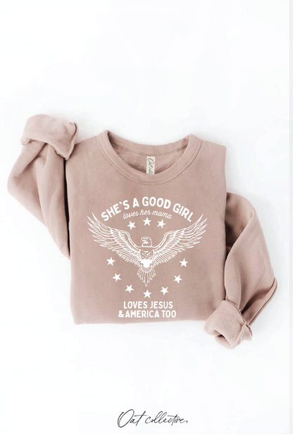 OAT COLLECTIVE - SHE'S A GOOD GIRL Graphic Sweatshirt - Pullover Style: DARK H. SAGE / L