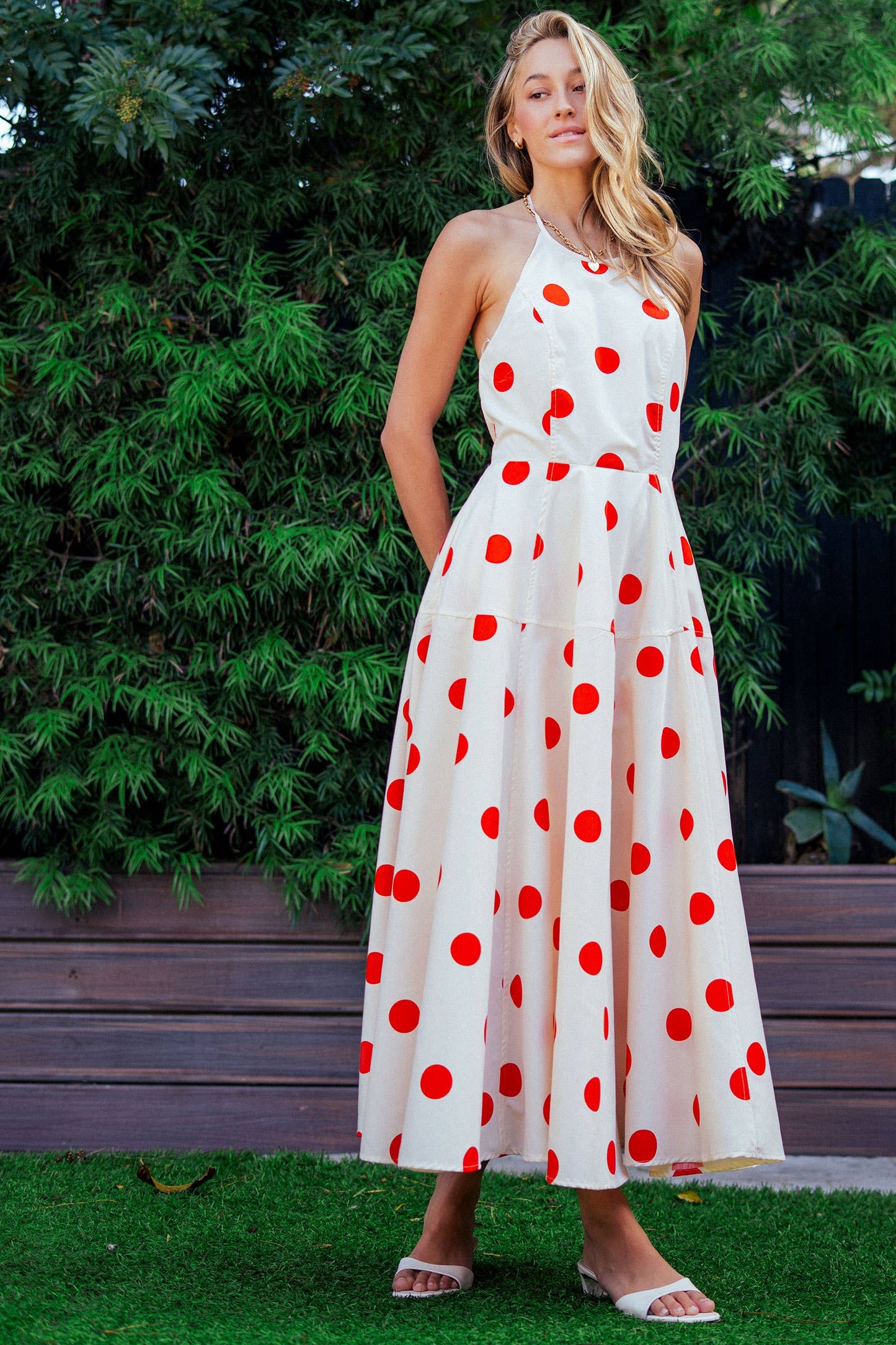 Urban Daizy - Polka Dot Halter Cotton Maxi Dress Smocked Back