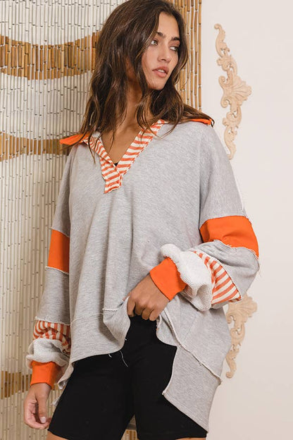BUCKETLIST - T2004 -French Terry Knit Color-block Collared Loose Fit Top: S-M-L (2-2-2) / IVORY/NAVY