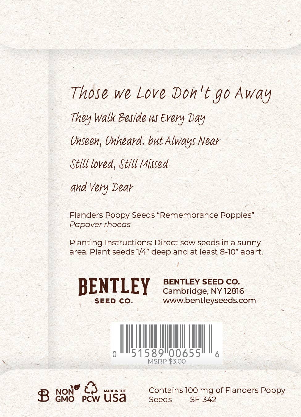 Bentley Seed Co. - Memorial Cardinal - Flanders Poppy Seed Packets