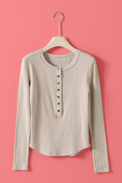 Ribbed Henley Long Sleeve Top