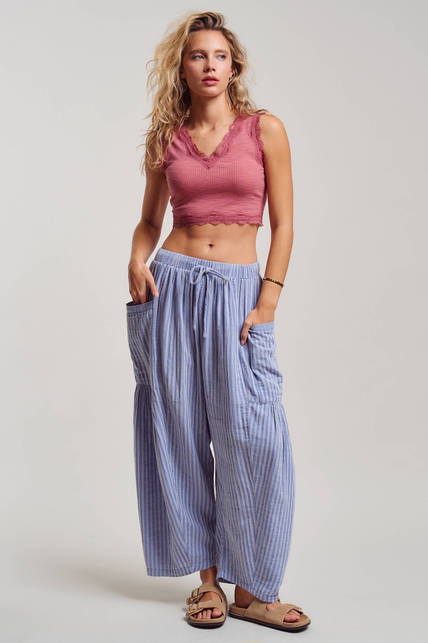 Urban Daizy - Striped Cotton Drawstring Harem Pants