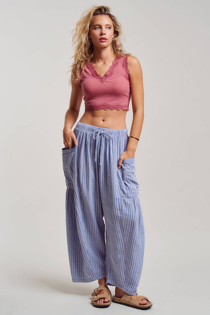 Urban Daizy - Striped Cotton Drawstring Harem Pants