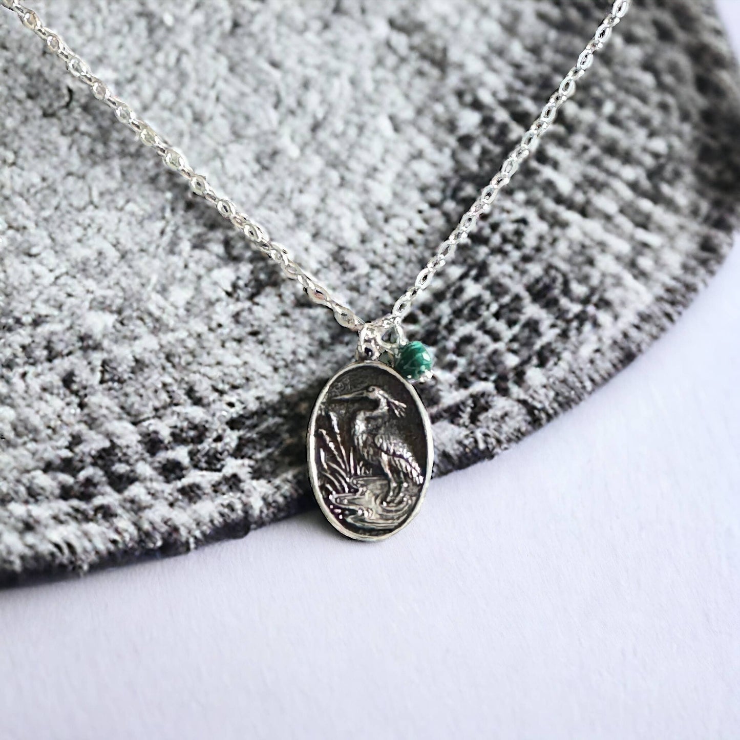 Jackie Gallagher Designs - Handmade Coastal Jewelry - Blue Heron with Malachite Necklace, sterling silver