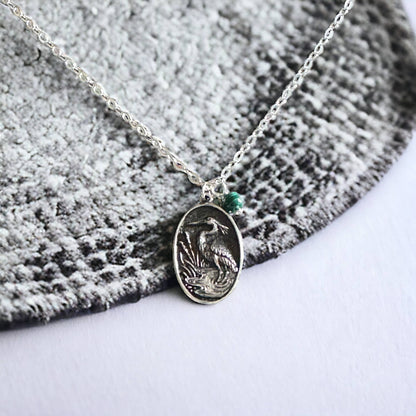 Jackie Gallagher Designs - Handmade Coastal Jewelry - Blue Heron with Malachite Necklace, sterling silver