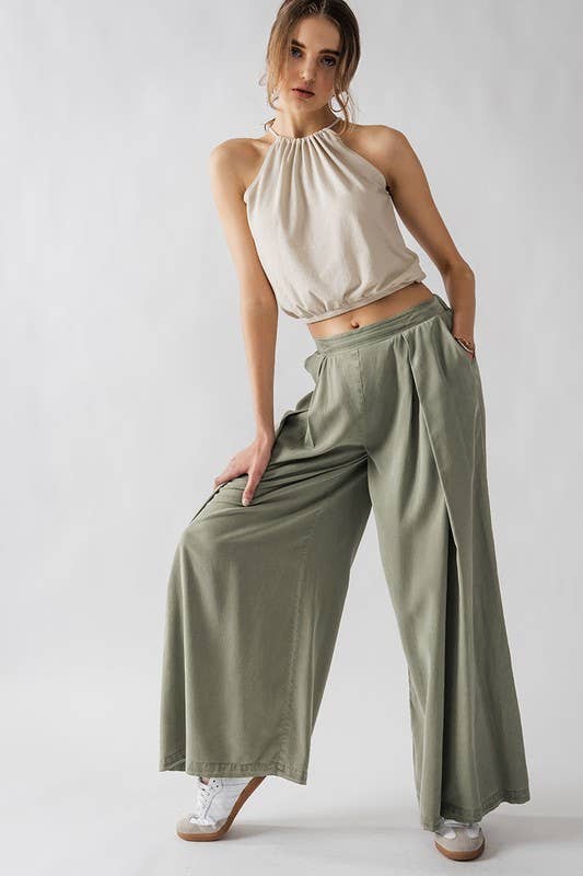 Urban Daizy - HIGH WAISTED PLEAT FRONT WIDE LEG PANTS: YELLOW / S-2/M-2/L-2